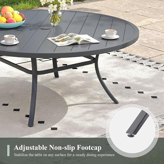 Outdoor Dining Table for 8, 63" Round Outdoor Table with Adjustable Umbrella Hole, All-Weather Metal Patio Dining Table for Lawn Garden Backyard Deck, Dark Grey