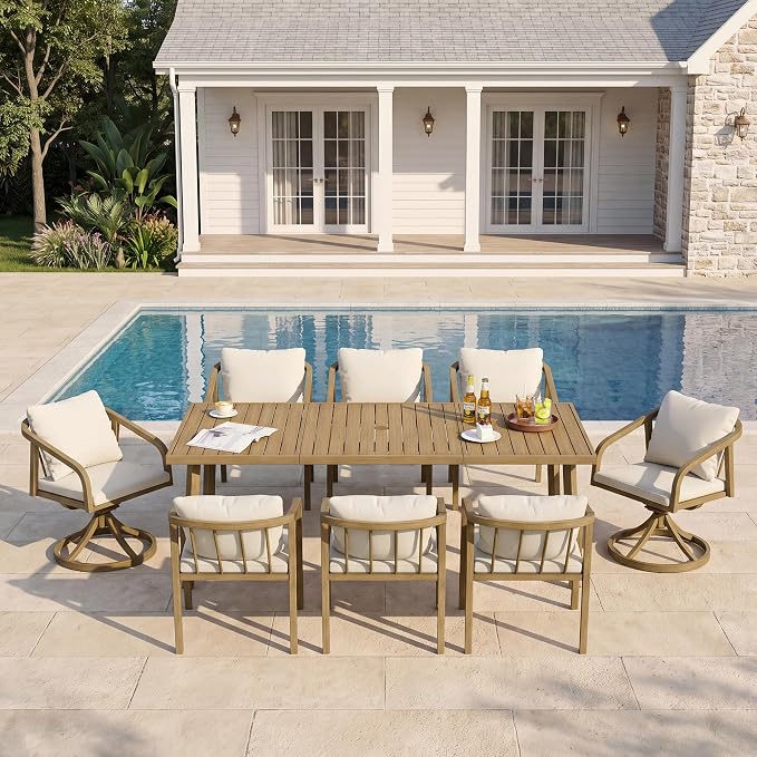 Outdoor Dining Set,9-Piece Patio Dining Table Set for 8 with Rectangular Table and 6 Thick Cushion Dining Chair & Swivel Chair, Aluminum Patio Furniture Set for Backyard, Garden (Brown)