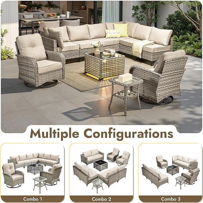 10 Pieces Outdoor Sectional Patio Furniture Set with Swivel Rocking Chairs,Wicker Conversation Sets Rattan L Shaped Couch,Modular Outdoor Sofa for Porch Balcony Backyard Beige