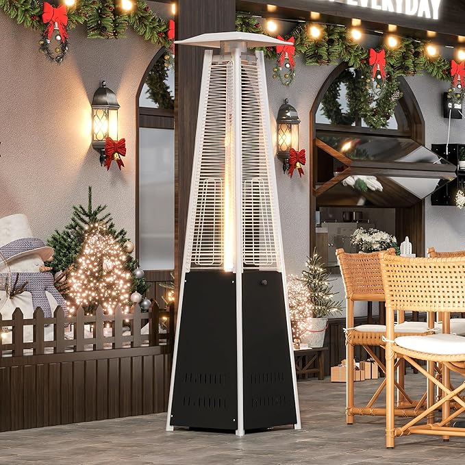 LUCKYERMORE Pyramid Patio Heater Outdoor, 42,000 BTU Wind-Resistance Quartz Glass Tube Flame Heater with Wheels Propane, Black
