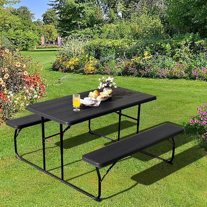 Giantex Folding Picnic Table Bench Set, Outdoor Dining Table Set, Large Camping Table for Patio Deck Lawn Garden Backyard Poolside, Portable Picnic Tables, Weather Resistant Metal Frame, Black