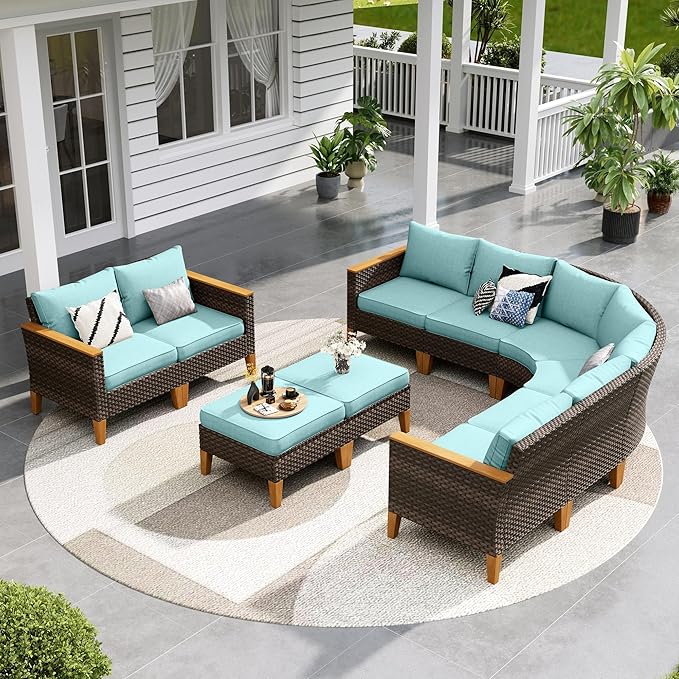 Sophia & William Outdoor Wicker Sectional Sofa Set, 10 Piece Half Moon Curved Patio Furniture Modern Round Outdoor Couch Conversation Set with Ottoman for Backyard, Pool, Garden(Aqua Blue)