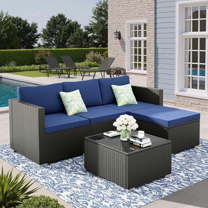 5 Piece Patio Furniture Sets, All-Weather PE Rattan Wicker Outdoor Sectional Sofa with Cushions and Glass Table for Garden Backyard Poolside