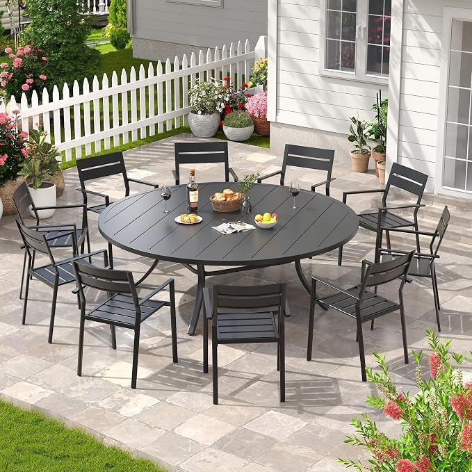 Patio Dining Table for 8-10, Round Metal Outdoor Table with 1.57" Umbrella Hole, 63" Outdoor Slat Tabletop Dining Table for Backyard, Porch, Lawn, Black