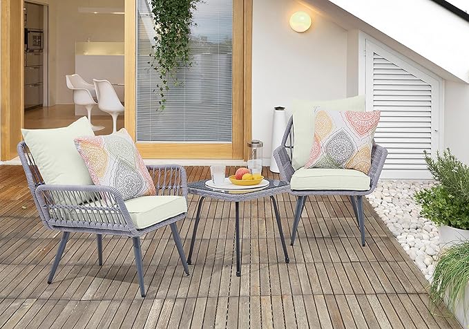 Manhattan Comfort Cannes 3-Piece Patio Conversation Set, Outdoor Furniture | Includes Modern Cushioned Rope Wicker Chairs & End Table, Removable & Washable Cushions, Tempered Glass Tabletop, Cream