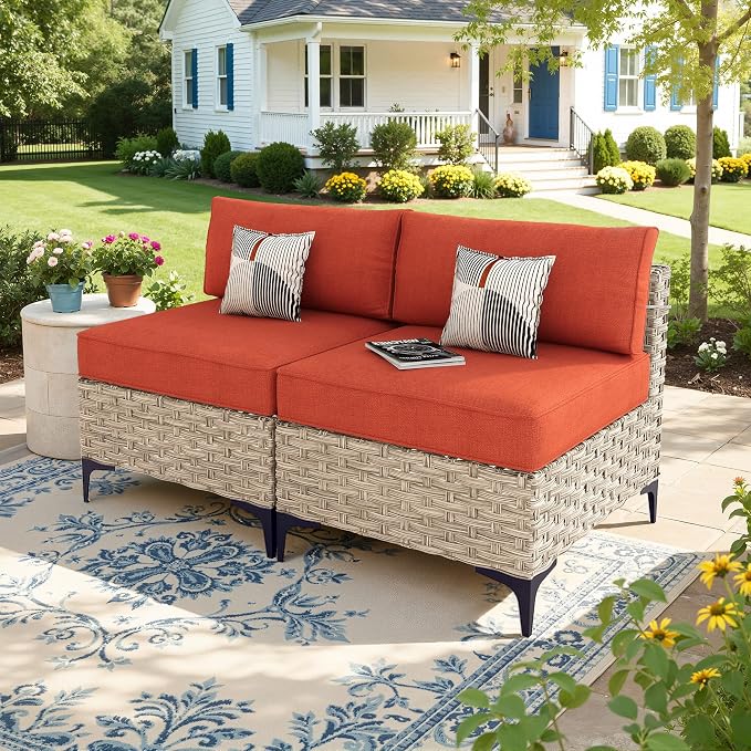 2 Pieces Patio Sectional Furniture Set, Outdoor Wicker Sectional Couch Middle Seats, Modern Conversation Set for Porch Balcony Backyard, Red