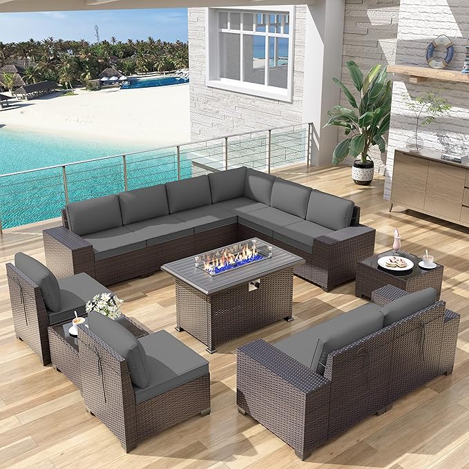 Patio Furniture Sectional Sofa Set 13PCS PE Rattan Patio Conversation Set w/43in Gas Fire Pit Table, Outdoor Furniture with 55000 BTU Propane Fire Pit, Grey