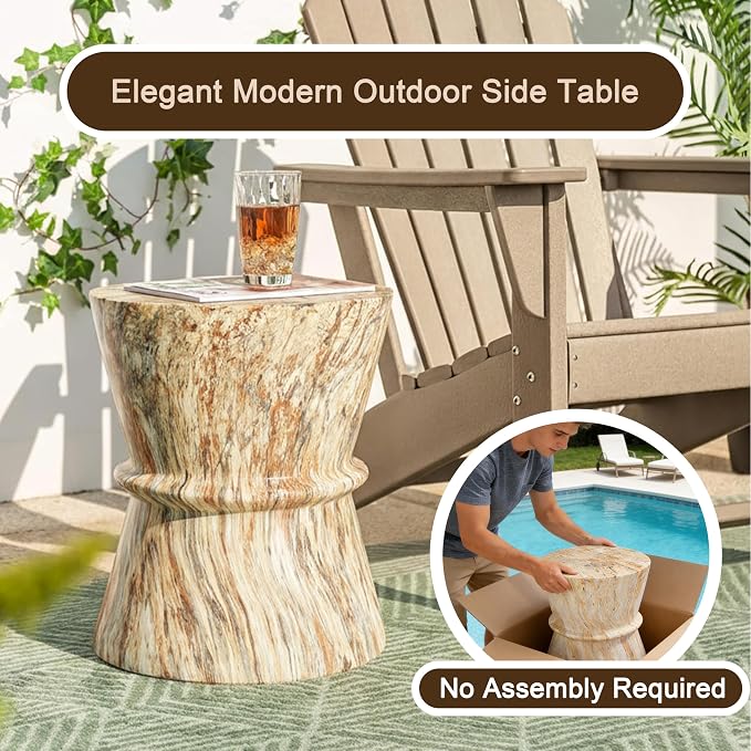 Merax Hourglass Shape Outdoor Side Table, Concrete Contemporary Lightweight Accent Table with Simulated Stone Texture, Outdoor Accent End Table for Livingroom, Garden, Amber+Brown