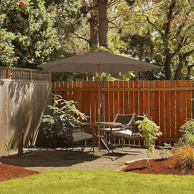 HAPPYGRILL 10 FT Wooden Patio Umbrella with Rope Pulley Lift, 8 Bamboo Ribs, 3 Adjustable Heights, Vented Roof, Outdoor Table Umbrella for Garden Poolside Backyard (Tan)