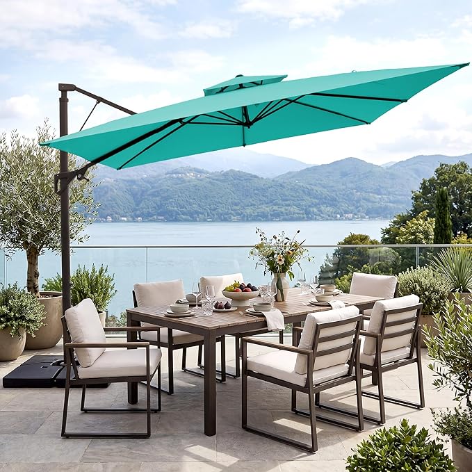 JEAREY 12ft 2-Tier Cantilever Patio Umbrella, Large Square Outdoor Offset Umbrella with Double Top Vent and 360-degree Rotation for Garden, Deck, Pool, Patio, Peacock Blue