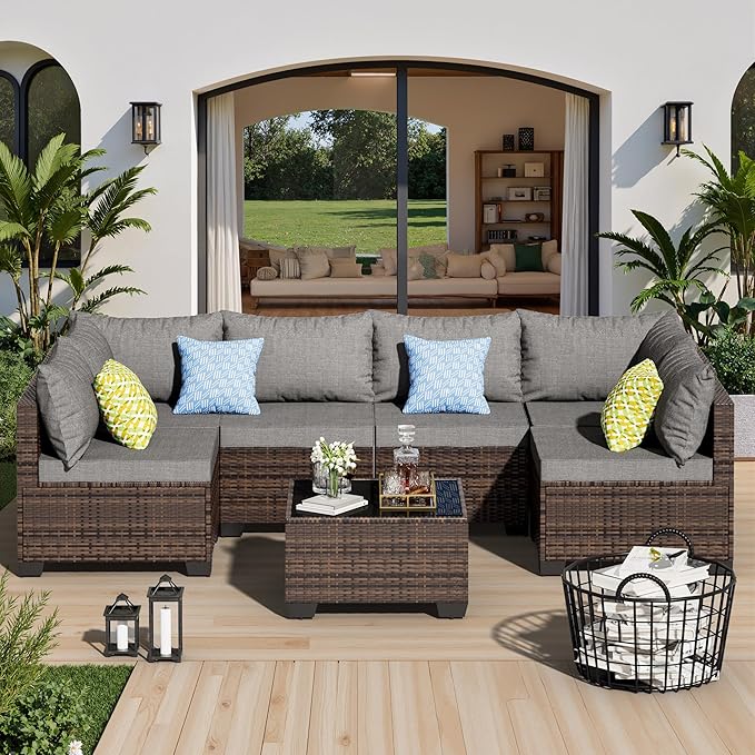 7 Pieces Patio Furniture Set - Outdoor Sectional Wicker Rattan Furniture with Cushion and Glass Table Patio Conversation Sets for Porch Poolside Backyard Outdoor Sofa Set Modular Sofa