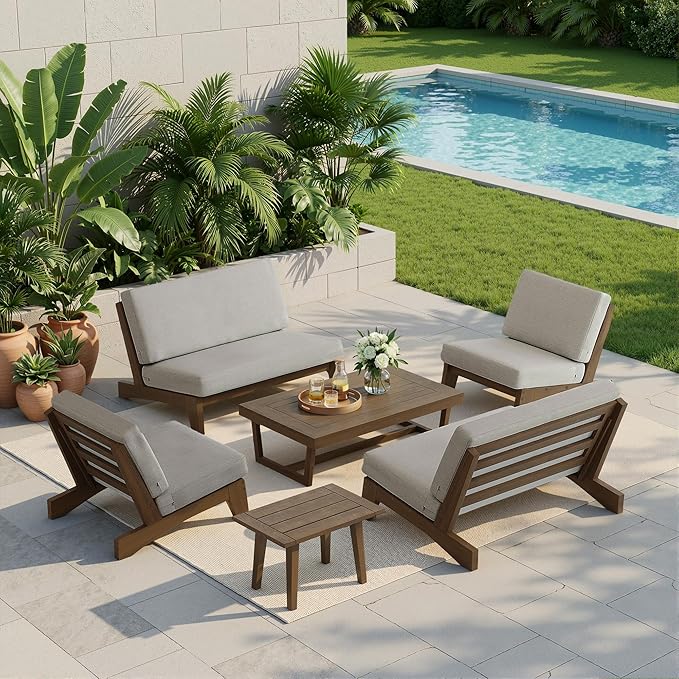 UIXE 6 Pieces Wood Patio Furniture Sets, 2 Patio Loveseat, 2 Patio Bistro Chair, All Weather Outdoor Sectional Sofa Furniture Backyard Conversation Set with Coffee Table - Light Camel