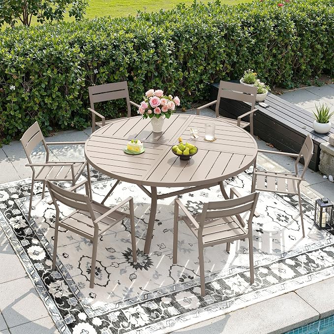 DIFY 7 Piece Outdoor Patio Dining Set for 6, 50" Round Dining Table with Umbrella Hole and Stackable Metal Chairs, Patio Table and Chairs Set for Backyard Garden Poolside, Sandshell