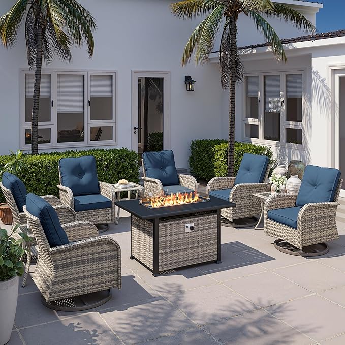 10Pcs Patio Rocking Swivel Chair with 55,000 BTU Fire Pit Table Outdoor Wicker Rattan Bistro Set with Tempered Glass Side Table, Outdoor Patio Furniture Set for Garden and Balcony, Blue