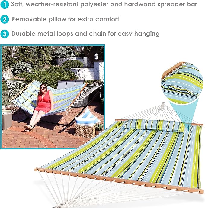 Sunnydaze Set of 2 Outdoor Quilted Fabric Hammocks - 2-Person Hammock with Spreader Bars - Catalina Beach and Blue/Green