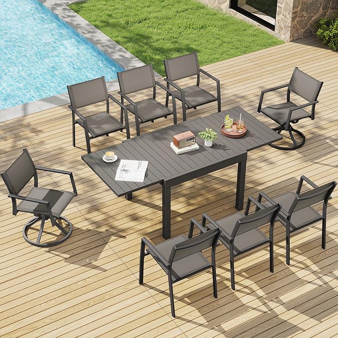 9 Piece Outdoor Dining Set, Expandable Outdoor Patio Dining Table and Swivel Chair Set, Aluminum Outdoor Table and 8 Chairs with Textilene Fabric & Armrest for Patio, Garden, Lawn(Black)