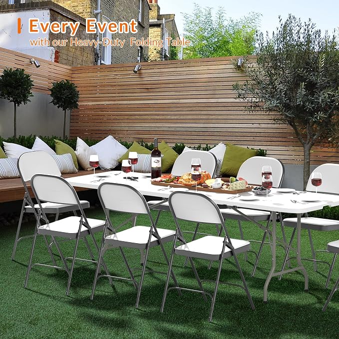 Elevon Folding Table Set with 8 White Folding Chairs,8 Feet Heavy Duty Fold-in-Half Utility Table Sets for Picnic, Event, Training, Outdoor Activities, at Home and Commercial Use