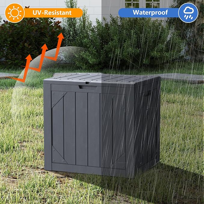 35 Gallon Small Waterproof Outdoor Storage Box, Resin Deck Box Lockable for Patio Furniture, Garden Tools, Pool Accessories, UV-Resistant for All Weather Use, Grey