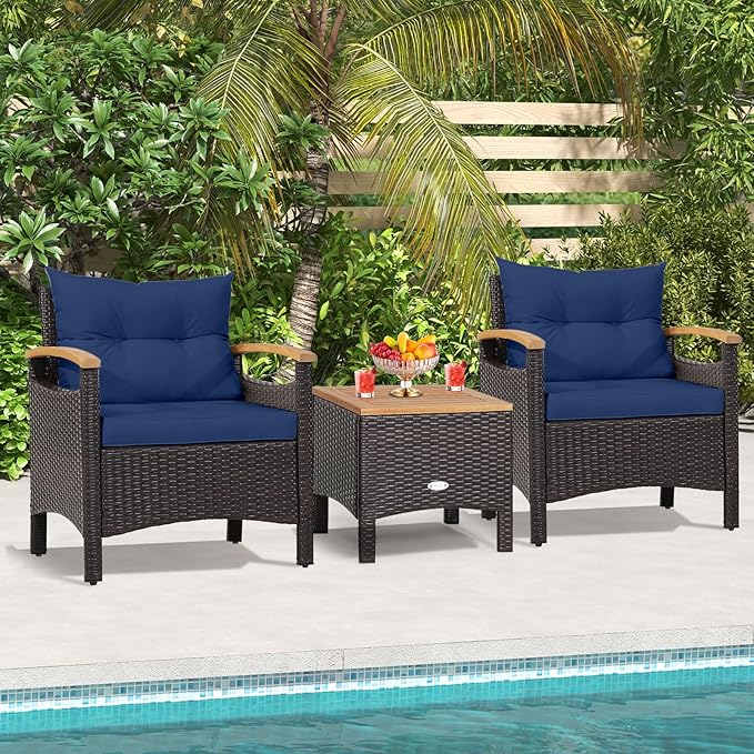 KOTEK 3 Piece Patio Furniture Set, Outdoor Conversation Set with Removable Cushions, Acacia Wood Tabletop and Armrests, PE Rattan Wicker Bistro Set for Porch, Balcony, Backyard (Navy)