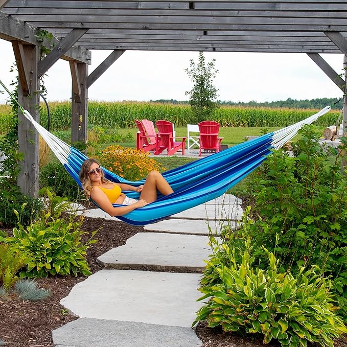 Vivere Brazilian Style Double Cotton Hammock with Polyester End Strings, 450 lb Weight Capacity (Island Breeze)