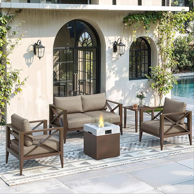 Aluminum 4-Seats Outdoor Patio Furniture Set with Fire Pit, Sectional Conversation Sofa Set with 5.2" Thick Cushions & Coffee Table,Rust-Resistant Frame Seating Sofa for Porch, Garden, Backyard, Brown