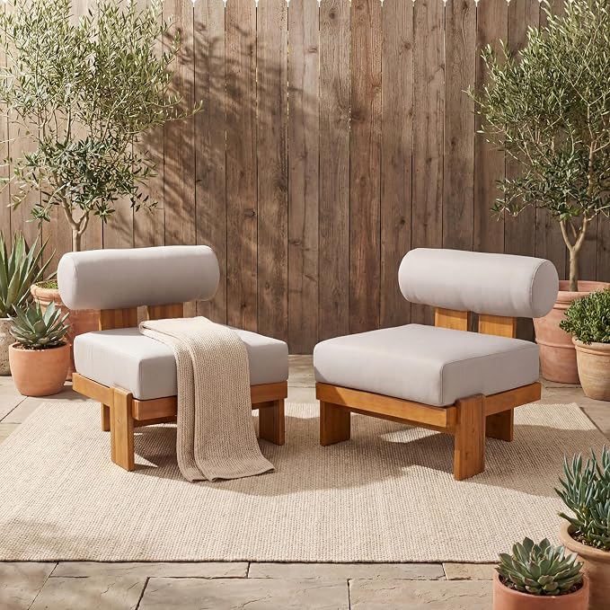Merax Patio Club Chair Set of 2, Acacia Wood Frame with Waterproof Cushions & Round Backrest for Garden, Deck & Balcony, Light Brown+Teak