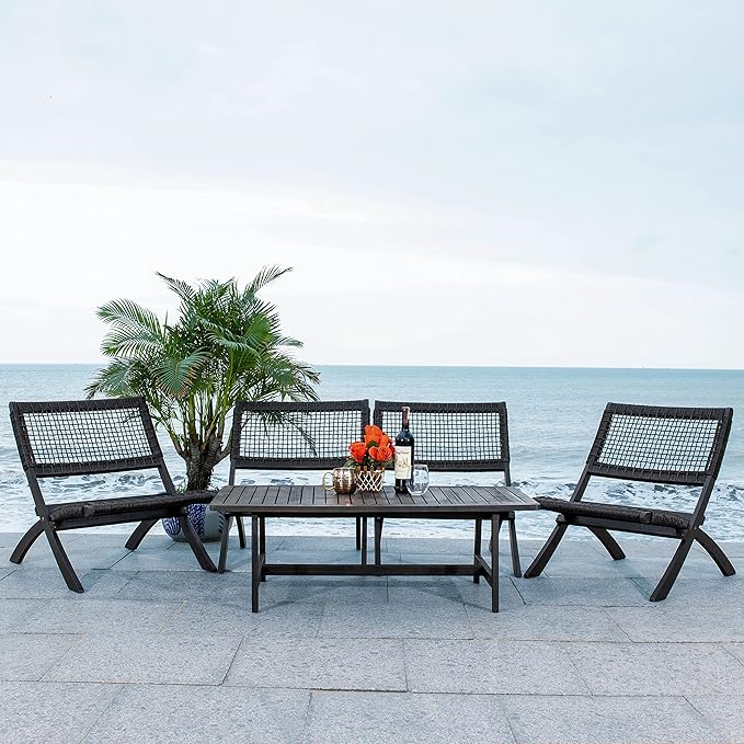 SAFAVIEH Outdoor Collection Blaze Coastal Black Acacia Wood/Black 5-Piece Coffee Set