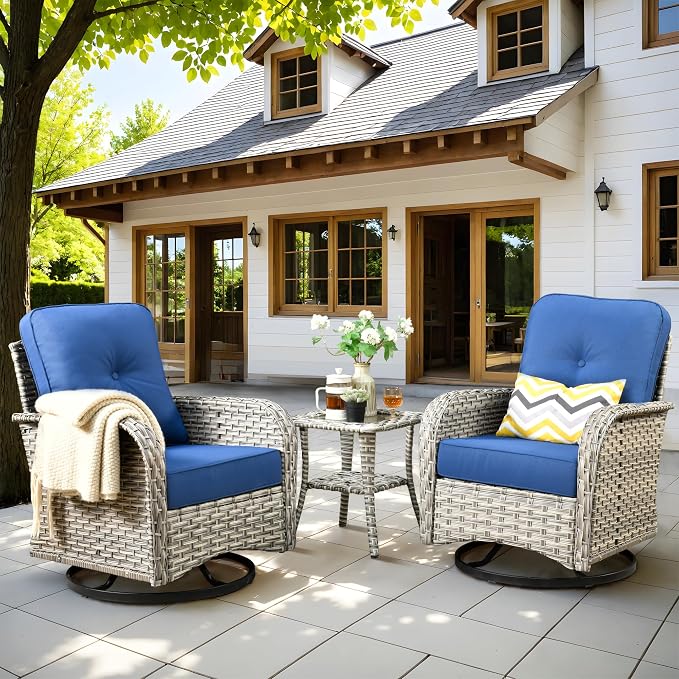 Swivel Patio Chairs Set of 2, Outdoor Wicker Rocker Glider Chair with Coffee Table, Modern Comfy Patio Furniture Sets for Porch Balcony Sunroom, Navy Blue