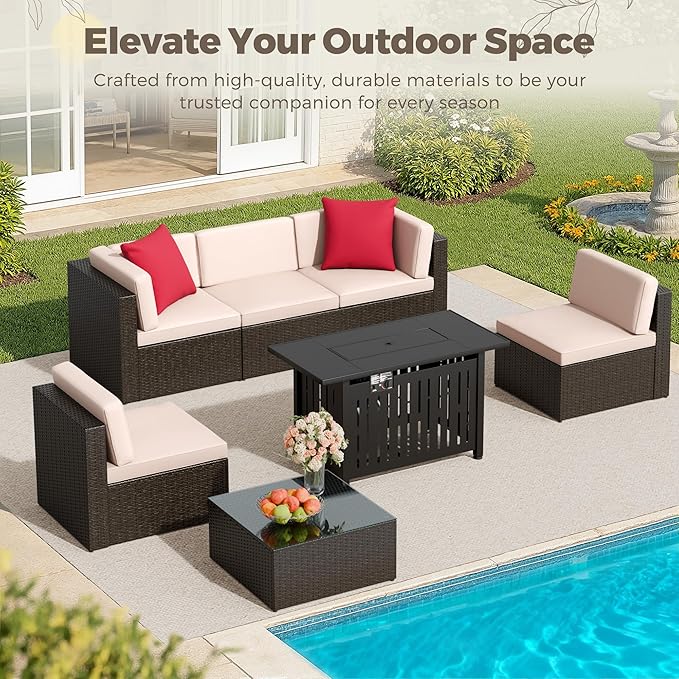 Flamaker 7 Pieces Patio Furniture Set with Fire Pit Table Outdoor Sectional Patio Sofa Furniture Set with Gas Fire Pit and Coffee Table & Ottoman Cushion Pillows, Beige
