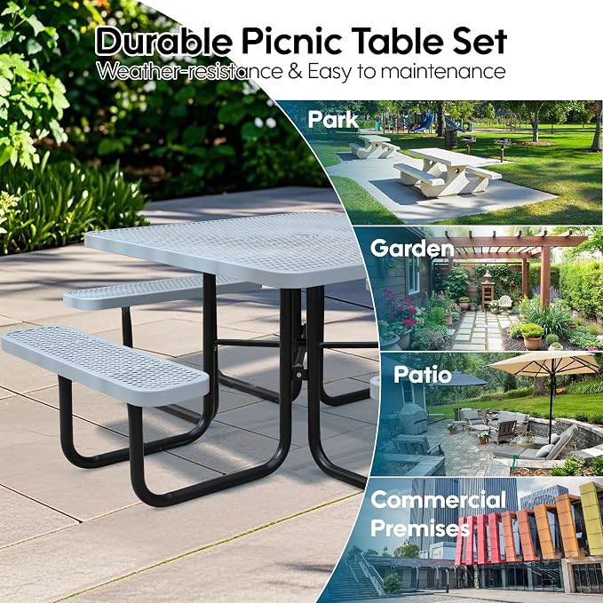 46" Square Picnic Tables for Outdoors,Commercial Metal Picnic Table Bench Set W/ Umbrella Hole,Restaurant School Canteen Tables W/Seats - Heavy Duty Sturdy Picnic Tables for Patio Garden Coffee Shop