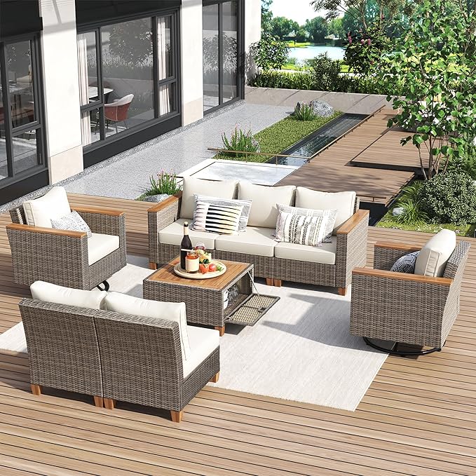Outdoor Patio Sectional Furniture Set, 8-Piece Wicker Rattan Sofa Set with Thick Cushion, Patio Swivel Rocking Chairs Set of 2 with Acacia Storage Table, Conversation Set for Backyard (Beige+Brown/36)