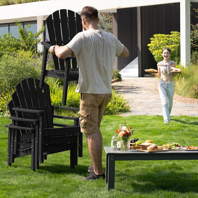 nevilywood Compact Stackable Adirondack Chairs,All Weather HDPE,380lb,Black | 26.3" Wide HDPE.All-Weather Outdoor.Maintenance-Free.Stackable for Storage.25°Curved Straight Backrest.Quick Assembly