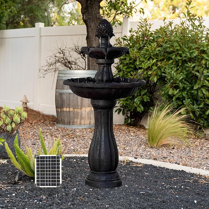 XBrand 44" Solar Outdoor Water Fountain 2-Tier Fiberglass/Resin with Solar Panel Pump, Auto Shut-Off, Weather-Resistant, Dark Brown