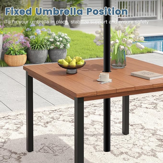 DIFY Patio Table and Chairs Set for 4, 5 Piece Outdoor Dining Set, 40.2" Walnut Square Metal Dining Table with Umbrella Hole and 4 Brown Textilene Swivel Patio Chairs, for Garden Backyard Deck