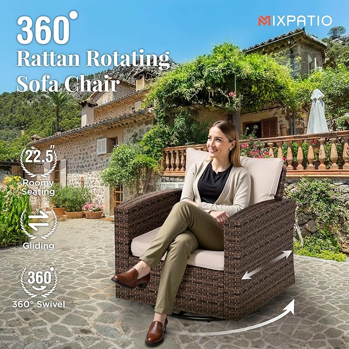 Swivel Glider Patio Furniture Set, 8 Pcs Wicker Outdoor Conversation Set, 2 x Swivel Chairs, 2 x Leg Chairs, 1 x 3 Seater Sofa and 2 x Ottomans and 56" Fire Pit Table, Beige