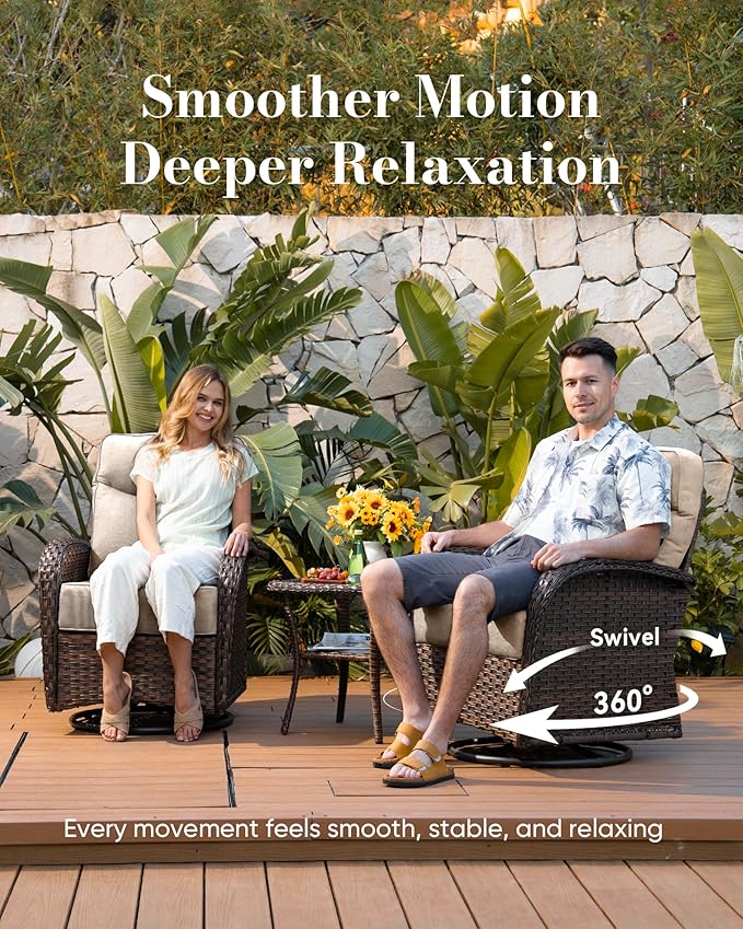 Belord Upgraded 6“ Cushion Luxury 10 Piece Patio Furniture Set with Fire Pit Table - Outdoor Couch & High Back Swivel Rocker Patio Chairs, Wicker Outdoor Furniture for Deck Porch Yard - Brown/Beige