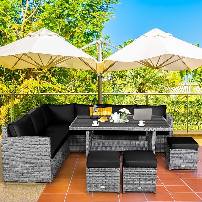 Tangkula 7 Pieces Patio Furniture Set, Outdoor Sectional Rattan Sofa Set with Cushions, All Weather Wicker Conversation Couch Set w/Dining Table & Ottomans for Backyard Garden Poolside (Black)