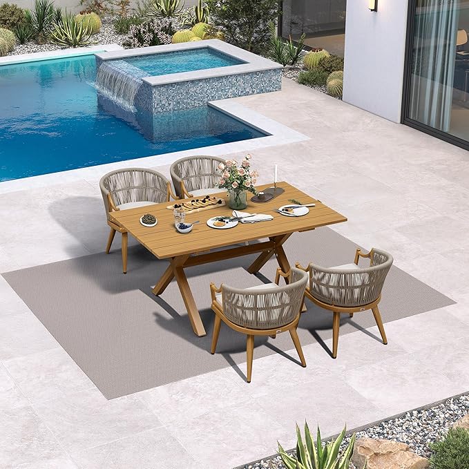 PURPLE LEAF 5 Pieces Outdoor Dining Set All Weather Wicker Patio Dining Set with Rectangular Aluminum Table and Modern Armrest Dining Chairs for Garden Deck Backyard Kitchen, Teak