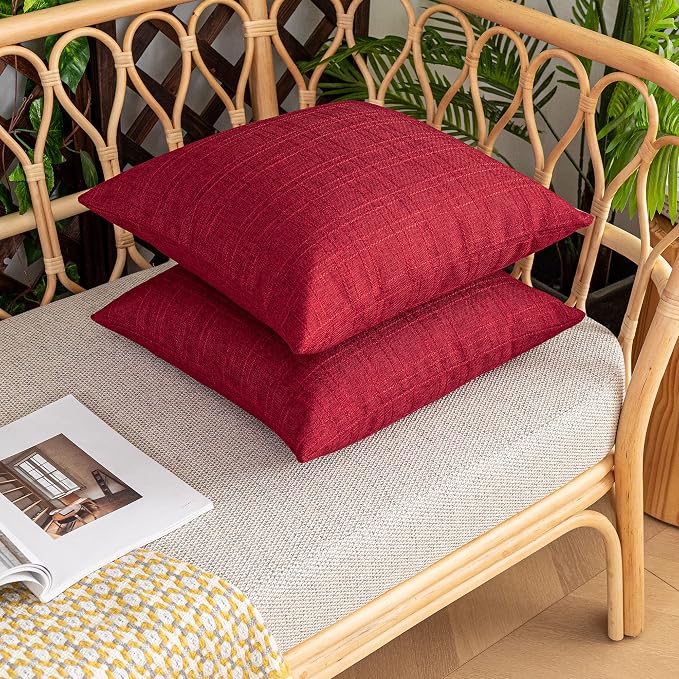 Kevin Textile Outdoor Waterproof 22”x22” Pillow Covers 2 Pack, Red | Water Resistant, Soft Faux Linen-cotton Yarn-dyed Woven Texture Throw Pillow Covers for Tent Patio Garden Couch Sofa
