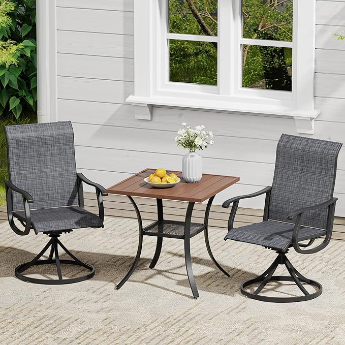 VICLLAX 3 Pieces Outdoor Dining Set, Patio Furniture Set of 2 Patio Swivel Dining Chairs and Small Dining Table with Storage Shelf, Dark Charcoal Chairs & Walnut Tabletop