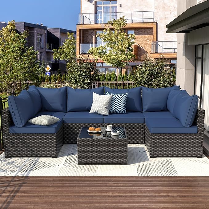 Patio Furniture Set, 7PCS Outdoor Sectional PE Rattan Patio Conversation Set w/Thickened Cushion Modular Wicker Patio Sofa Set w/Coffee Table for Balcony, Backyard(Blue)