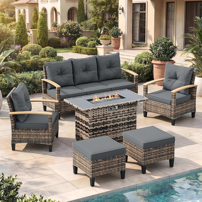 UDPATIO Patio Furniture Set with Fire Pit Table, 6 Pieces Outdoor Wicker Conversation Set for Lawn, Porch, Garden, Backyard, Grey