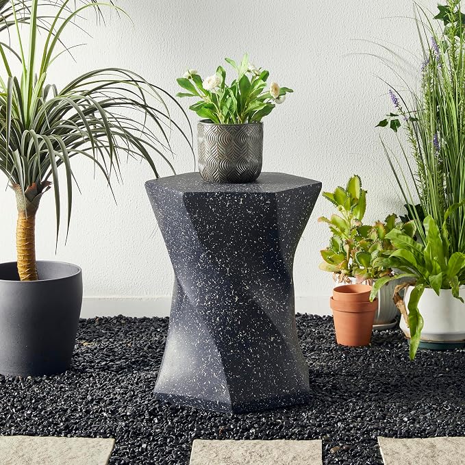 Glitzhome Outdoor Side Table Set of 2, 17.75" H Decorative Garden Stool MGO Twist Faux Terrazzo End Table, Round Planter Stand for Indoor Outdoor Living Room Bedroom Patio Deck Poolside, Black