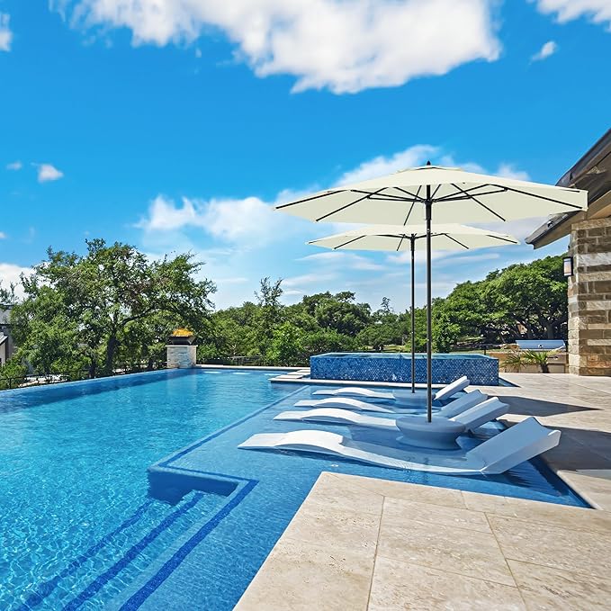 Midtown Umbrellas The Wooden 10 Feet Patio Umbrella With Sunbrella Canvas Natural Acrylic Fabric - Aluminum Frame Market Umbrella For Backyard, Deck, Garden, Pool - Wooden Pole