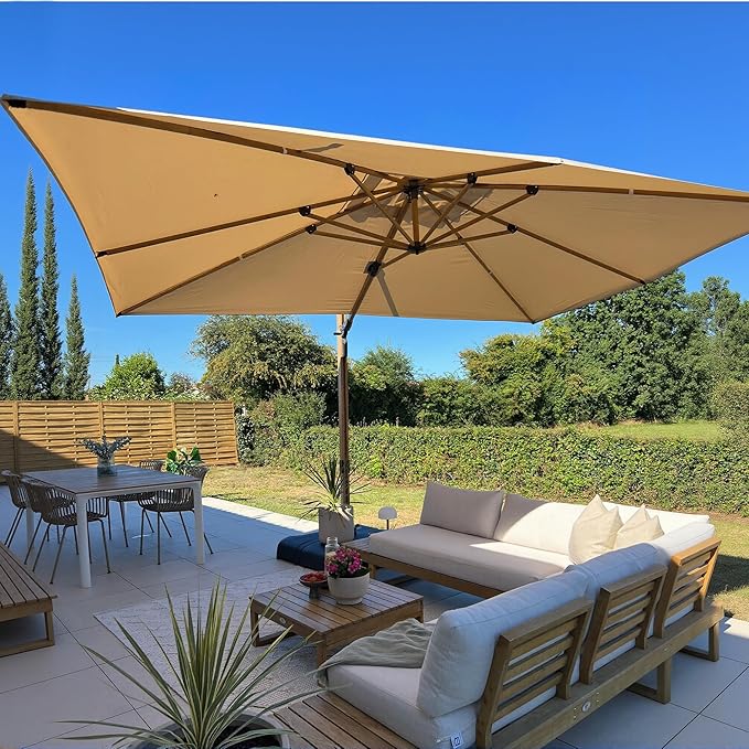 PURPLE LEAF 10‘ x 13’ Rectangle Patio Cantilever Umbrella Large Hanging Umbrella Teak Finished Aluminum Frame Windproof Offset Outdoor Sun Umbrellas for Beach Pool Deck, Beige