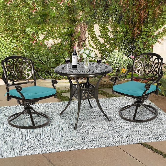 3-Piece Outdoor Patio Dining Set, All-Weather Cast Aluminum Patio Furniture Set for Backyard Garden Deck with 2 Swivel Cushioned Chairs and 31” Round Table, 2" Umbrella Hole, Ocean Blue