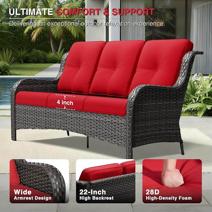 Joyside 5 Piece Wicker Patio Furniture Set, Rattan Patio Chairs with High Back, Deep Seating, Wide Armrest, Thickened Cushions, Outdoor Furniture for Deck, Porch Use