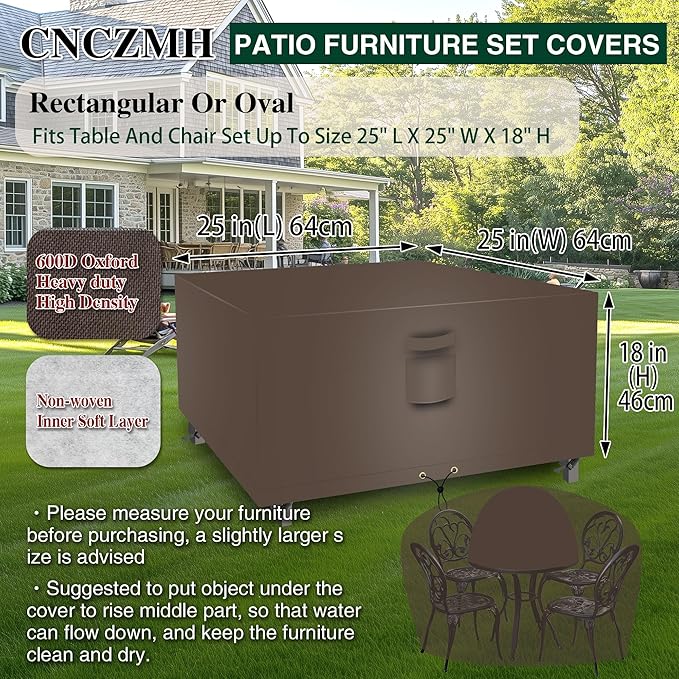 Square Heavy Duty Patio Table Covers Waterproof, 600D Outdoor Dining Table and Chair Set Covers, Outdoor Furniture Cover Waterproof for Sectional Sofa Couch 25''L x 25''W x 18''H, Brown