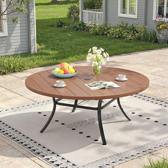 Outdoor Dining Table for 8, 60" Round Outdoor Table with Adjustable Umbrella Hole, All-Weather Metal Patio Dining Table for Lawn Garden Backyard Deck, Walnut