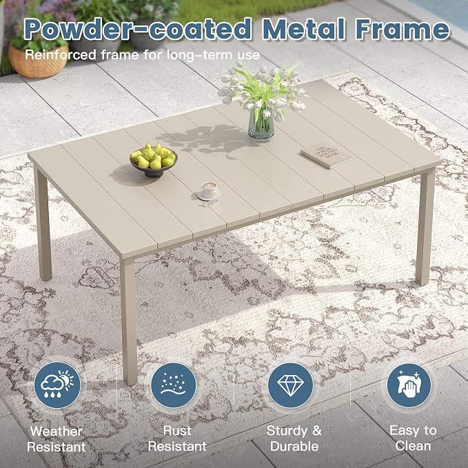 DIFY Outdoor Dining Set for 6, 7 Piece Patio Table and Chairs Set, Swivel Patio Chairs with Textilene Fabric & 63" Rectangle Metal Dining Table with Umbrella Hole, for Garden Backyard Deck, Sandshell